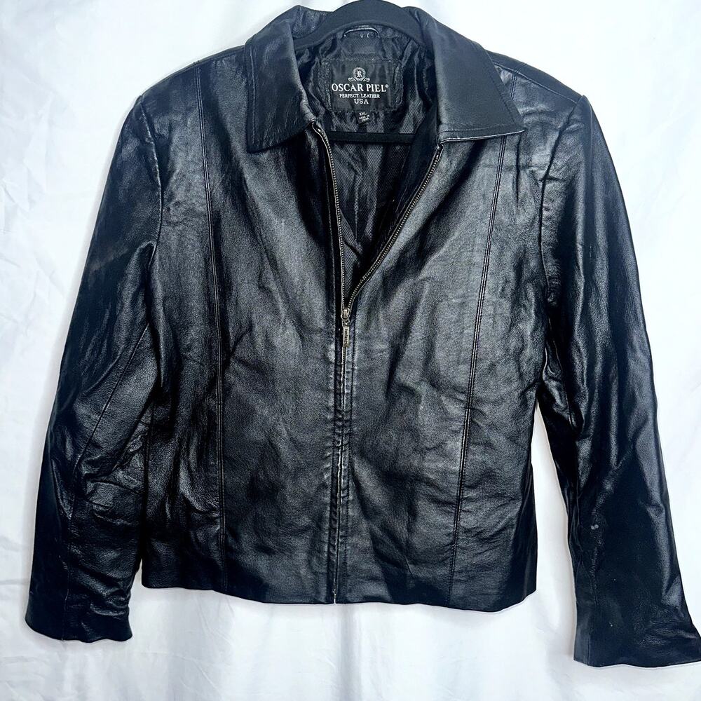 Oscar Piel Womens Size XXL Black Perfect Leather Pocket Jacket